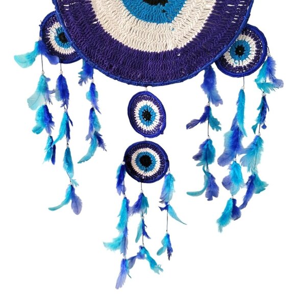 Crocheted Evil Eye Blue and White Dreamcatcher With Feathers and Beads 36" Long - Picture 7 of 8